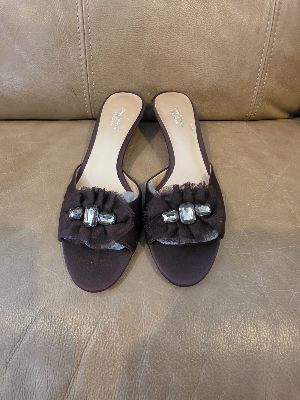 Vera Wang Brown Ruffle Slide Mules with Gem Accents